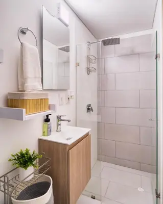 a bathroom with a sink and a shower at Luxury Sea View Duplex in the Heart of the City in Cartagena de Indias