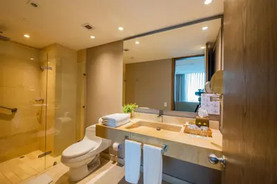 a bathroom with a tub and a toilet and a shower at GHL San Lazaro Art Hotel in Cartagena de Indias
