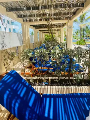 a group of blue chairs in a room with trees at Morros EPIC OCEAN AND BEACH in Cartagena de Indias