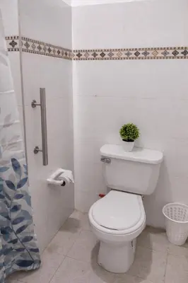 a bathroom with a toilet with a potted plant on it at Maos flats-Habitacion comfort in Cartagena de Indias