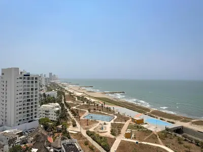 an aerial view of the beach and the ocean at Cartagena Beach Resort in Cartagena de Indias