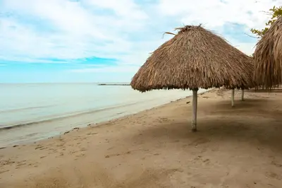 two straw umbrellas on a beach with the ocean at Apartamento Villa Carolina 102 in Coveñas