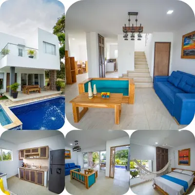 a collage of four pictures of a house at Cabaña Villa July in Moñitos
