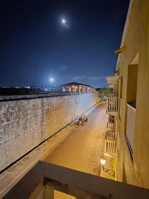 a building with a dog on a sidewalk next to a wall at Apartamento en la ciudad amurallada cerca de todo in Cartagena de Indias
