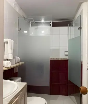 a bathroom with a shower and a toilet and a sink at Apartamento en la ciudad amurallada cerca de todo in Cartagena de Indias