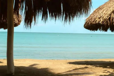 a beach with a straw umbrella and the ocean at Apartamento Villa Carolina 101 in San Antero