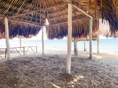 a straw umbrella on a beach with the ocean at Apartamento Villa Carolina 101 in San Antero