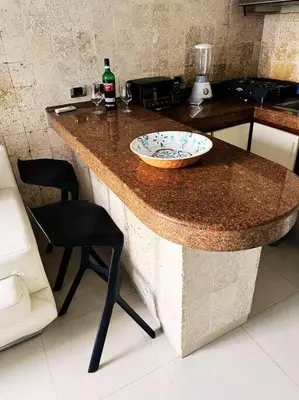 a kitchen with a counter with a plate on it at Beach retreat in El Laguito in Cartagena de Indias