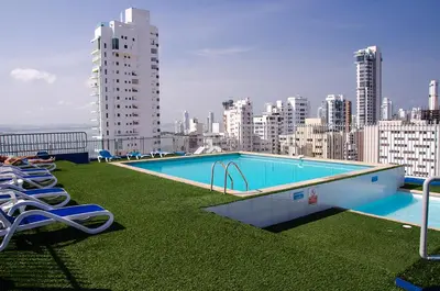 a swimming pool on the roof of a building at Portofino Cartagena Bocagrande 604 ICDI in Cartagena de Indias