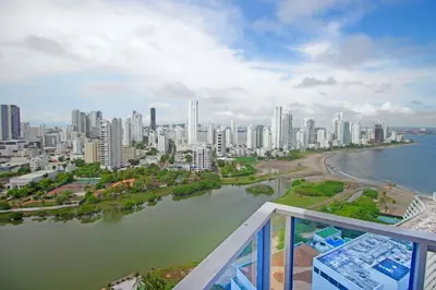 a view of a city from the balcony of a building at Riviera Sunrise Beach - Frente al mar y vista panorámica a toda la ciudad in Cartagena de Indias
