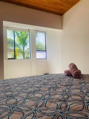 a bedroom with a large bed with two windows at Hostel Cerca al Centro Histórico in Cartagena de Indias