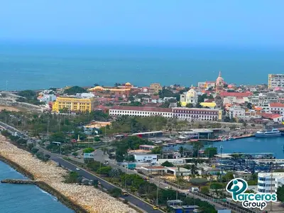 an aerial view of a city next to the water at Apartamentos Condominio H2 Bocagrande Por Parceros Group in Cartagena de Indias