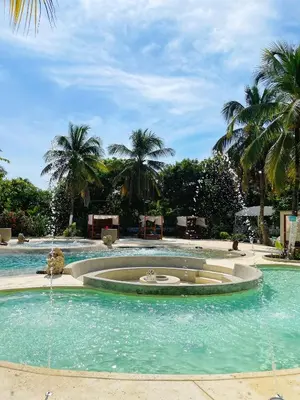 a fountain in the middle of a pool with palm trees at Palmarito Beach Hotel in Tierra Bomba