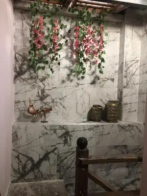 a stone wall with pink flowers and a bird on it at Portalon de Magallanes apto para familias in Cartagena de Indias
