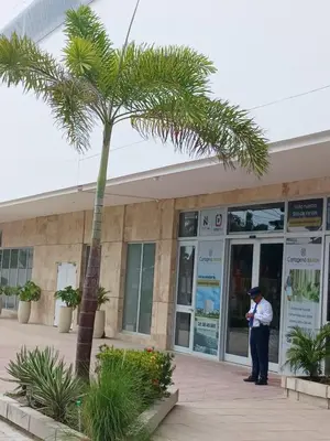 a man standing outside of a building with a palm tree at Cartagena Beach Resort cerca al aereopuerto in Cartagena de Indias
