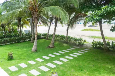 an empty path in the grass with palm trees at 2 dormitorios Morros. Vistas y salida playa in Cartagena de Indias