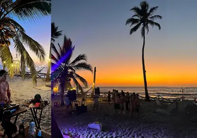 a group of people standing on a beach with a palm tree at Beautiful Luxury Beachfront Hosue in Lorica