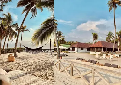 two pictures of a beach with a hammock and palm trees at Beautiful Luxury Beachfront Hosue in Lorica