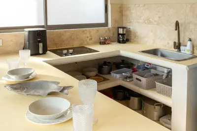 a kitchen counter with a sink and a fish on the counter at Ilukas & Resort Villas in Coveñas