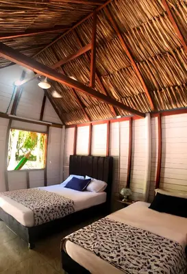 two beds in a room with a straw roof at Palma Plata islas del Rosario in Isla Grande