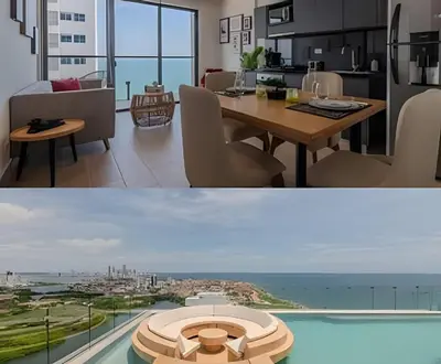 a kitchen and a living room with a view of the ocean at Stunning Sea View and Historic Center 20th FL/ 2BR in Cartagena de Indias