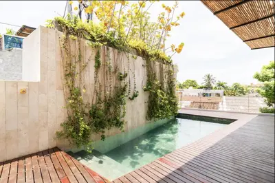 an outdoor swimming pool with plants on a wall at Cozy New Apartment in the Old City in Cartagena de Indias
