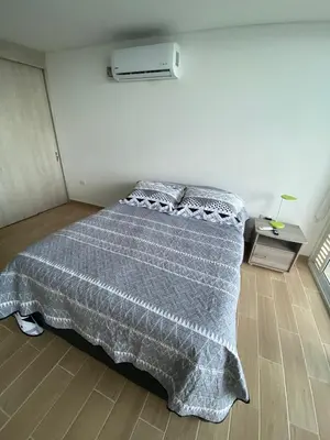 a bedroom with a bed with a gray blanket at Apartamento LOFT INFINITY BLUE in Santa Marta