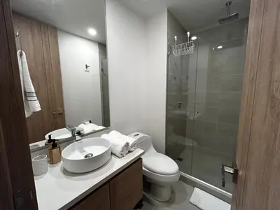 a bathroom with a toilet and a sink and a shower at Lujo y relax frente al mar en Morros Eos in Cartagena de Indias