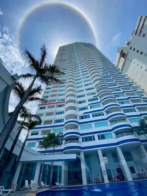 a large building with a palm tree in front of it at Apartamento Palmetto en Cartagena Vista al mar 702 in Cartagena de Indias