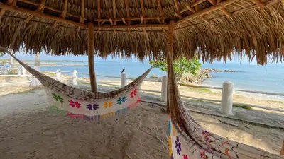 a hammock on a beach with the ocean at Casa frente a la playa, San Antero Cordoba in San Antero