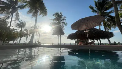 a swimming pool with an umbrella and palm trees at Casa frente a la playa, San Antero Cordoba in San Antero