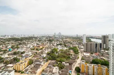 an aerial view of a city with tall buildings at Apto Torre Primi Cerca a la Playa, Aeropuerto y al Centro in Cartagena de Indias