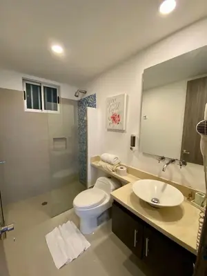 a bathroom with a toilet and a sink and a mirror at Palmetto elíptic apto 3302 vista al mar in Cartagena de Indias