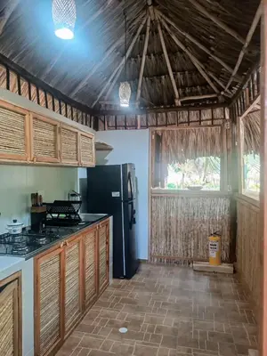 a kitchen with a black refrigerator and a window at Eywa Lodge in Pueblo Coco