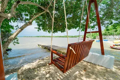 a swing hanging from a tree over a body of water at Villa de lujo frente al mar en Tierra Bomba in Cartagena de Indias