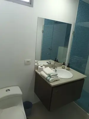 a bathroom with a sink and a toilet and a mirror at Descanso frente al mar in Cartagena de Indias