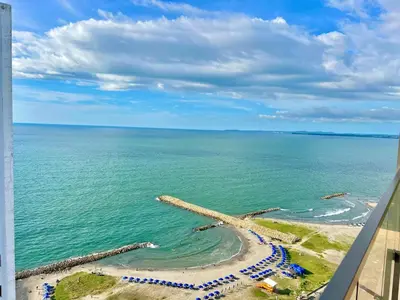 an aerial view of the ocean and a beach at Luxury Murano Cartagena Condo in Cartagena de Indias