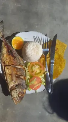 a plate of food with fish and rice and a fork and knife at Barracuda Glamping in Paso Nuevo