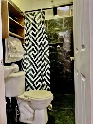 a bathroom with a toilet and a black and white shower curtain at Casa Centro Historico Hotel in Cartagena de Indias