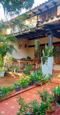 a building with a bunch of plants in a courtyard at Habitación con baño privado en el corazón de Manga in Cartagena de Indias