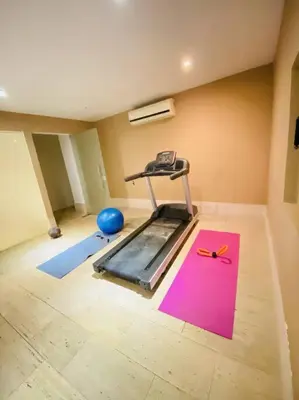 a room with a gym with a treadmill and a pink rug at Walled City apt- Rooftop Pool & Private Garden in Cartagena de Indias