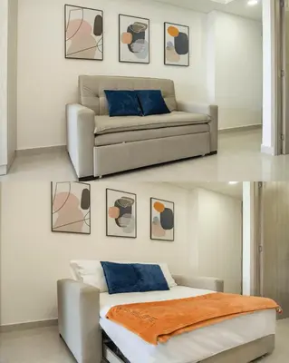 two pictures of a living room with a couch at Acogedora suite frente al mar + vista CB1427 in Cartagena de Indias