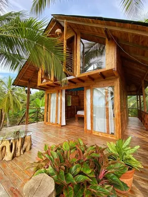 a house with a large wooden deck with plants at Entre Palmas Cabañas in Moñitos