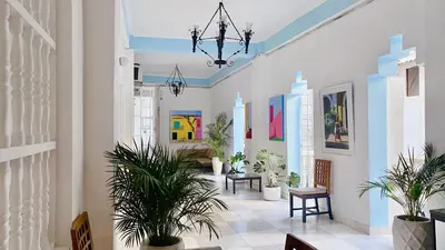 a room with potted plants and paintings on the walls at Apartaestudio in Old City Cartagena apto 2C in Cartagena de Indias