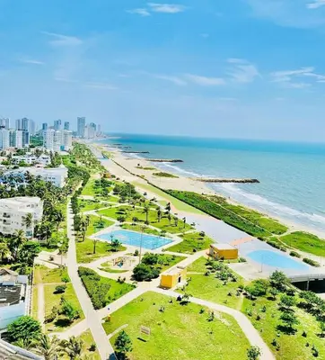 an aerial view of a beach and the ocean at Apartamento con vista al mar in Cartagena de Indias