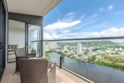 an office with a view of a river and a city at Luxury Exlusive Panoramic View & Historic Center in Cartagena de Indias