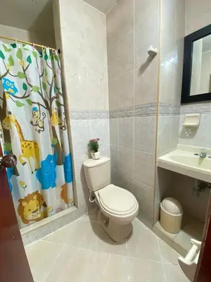 a bathroom with a toilet and a shower curtain at Cabaña Tolu in Santiago