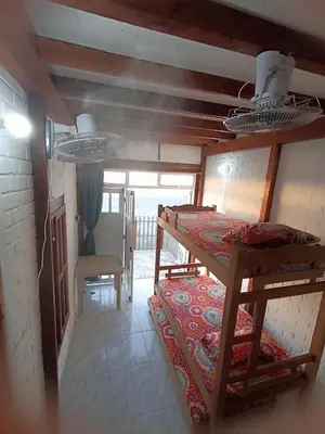 a room with two bunk beds and a table at Hostal Playa Descalzo in Cartagena de Indias