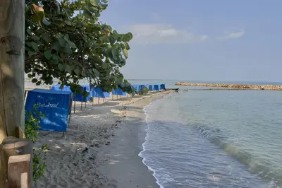 a beach with blue umbrellas and the water at Magico Apartamento Frente al Mar 3 Habitaciones PAZ282 in Coveñas