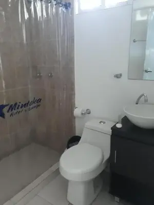 a bathroom with a toilet and a shower and a sink at Mintaka Hotel + Lounge in Cartagena de Indias
